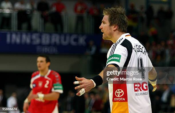 Oliver Roggisch of Germany reacts during the Men's Handball European Championship Group C match between Germany and Poland at the Olympia Hall on...