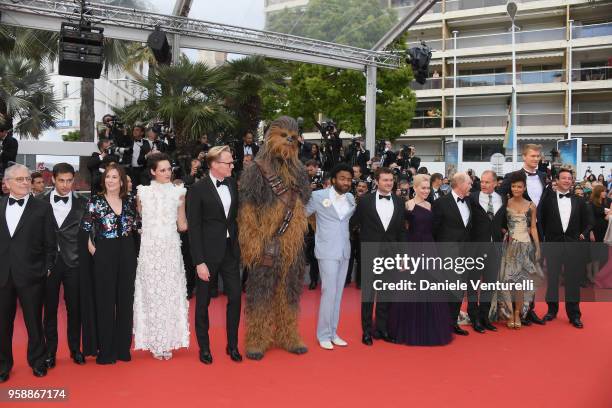 Writer Lawrence Kasdan, screenwriter Jonathan Kasdan, producer Kathleen Kennedy, actress Phoebe Waller-Bridge, actor Paul Bettany, Chewbacca, actors...