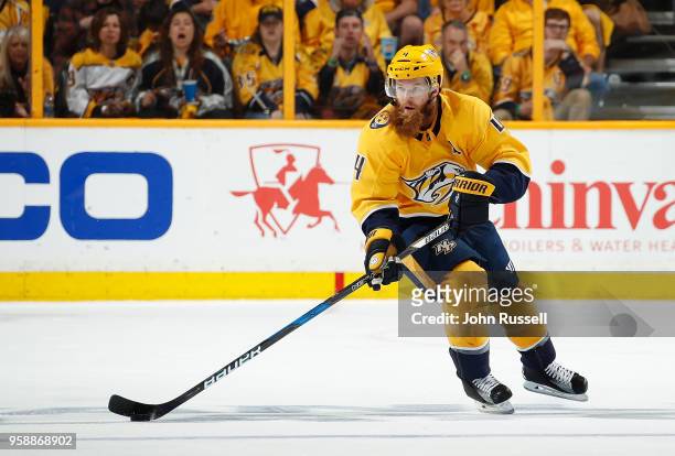 Ryan Ellis of the Nashville Predators skates against the Winnipeg Jets in Game Seven of the Western Conference Second Round during the 2018 NHL...