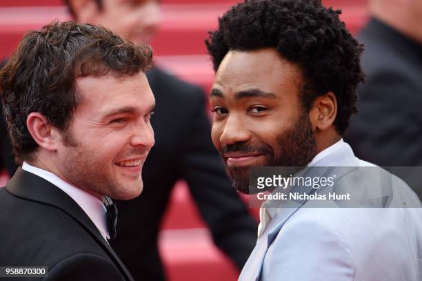 Alden Ehrenreich and Donald Glover attend the screening of "Solo: A Star Wars Story" during the 71st annual Cannes Film Festival at Palais des...