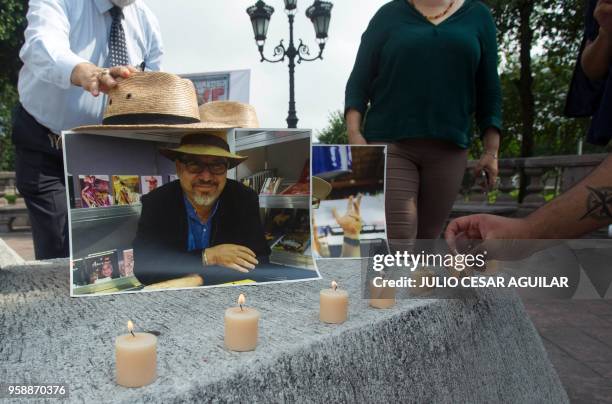 Journalists from the state of Nuevo Leon pay tribute to slain journalist Javier Valdez, on the first anniversary of his murder, in Monterrey, Nuevo...