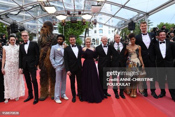 British actress Phoebe Waller-Bridge, British actor Paul Bettany, Chewbacca, US actor Donald Glover, US actor Alden Ehrenreich, British actress...