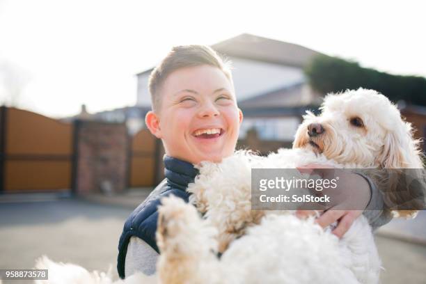 quality time with the dog - persons with disabilities stock pictures, royalty-free photos & images