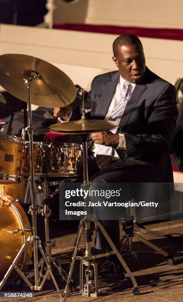 American Jazz drummer Kenny Washington performs at the 'Jazz Legends for Disability Pride' Benefit Concert at The Quaker Friends Meeting Hall, New...