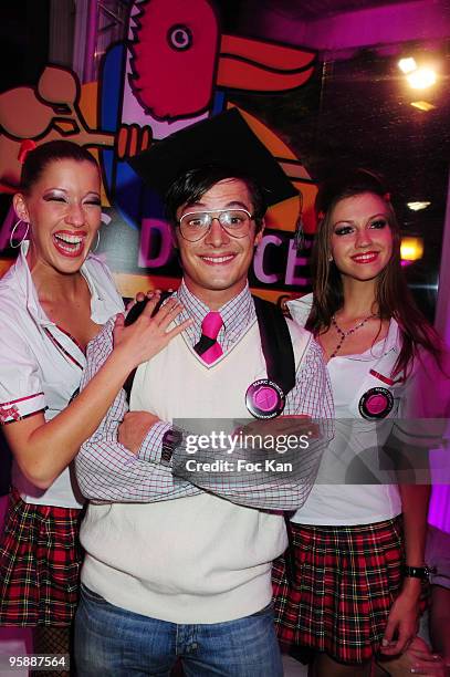Actor Aurelien Wiik beetween two X actresses attend Les Ambassadeurs and Marc Dorcel College Party at the Pavillon Dauphine on October 16, 2009 in...