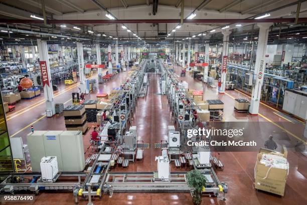 Vestel City employees work on a washing machine production line in the Vestel City mega factory on May 14, 2018 in Manisa, Turkey. The Vestel City...