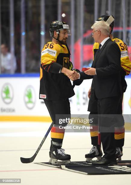 Yannic Seidenberg of Team Germany and DEB-president Franz Reindl after the IIHF World Championship game between Canada and Germany at Jyske Bank...