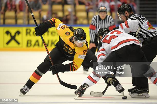Leon Draisaitl of Team Germany and Bo Horvat of Team Canada during the IIHF World Championship game between Canada and Germany at Jyske Bank Boxen...