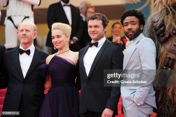 Director Ron Howard, actress Emilia Clarke, actors Alden Ehrenreich and Donald Glover attend the screening of "Solo: A Star Wars Story" during the...