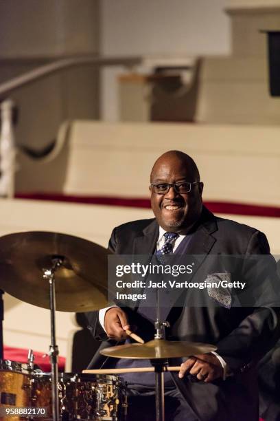 American Jazz drummer Carl Allen performs at the 'Jazz Legends for Disability Pride' Benefit Concert at The Quaker Friends Meeting Hall, New York,...