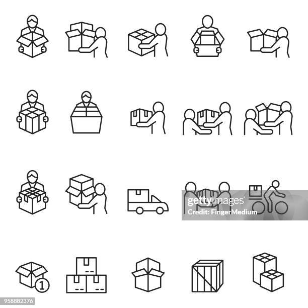 illustrations, cliparts, dessins animés et icônes de jeu d’icônes de livraison homme - picto porte