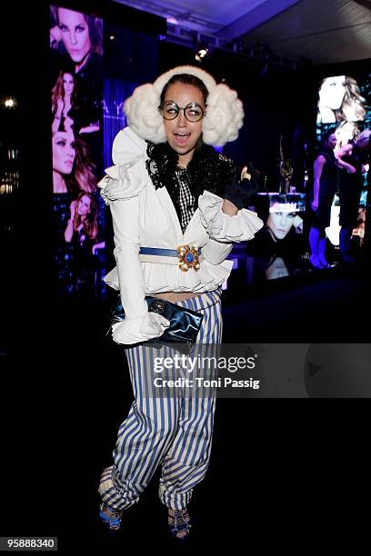 Aura Dione arrives at the Schumacher Fashion Show during the Mercedes-Benz Fashion Week Berlin Autumn/Winter 2010 at the Bebelplatz on January 20,...