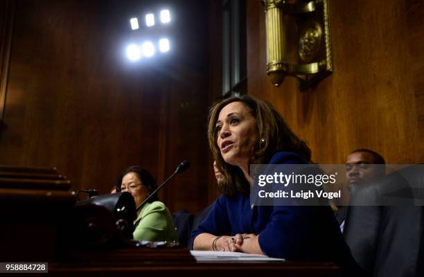 Senator Kamala Harris speaks during the Senate Judiciary Committee during a hearing on 'Protecting and Promoting Music Creation for the 21st Century'...