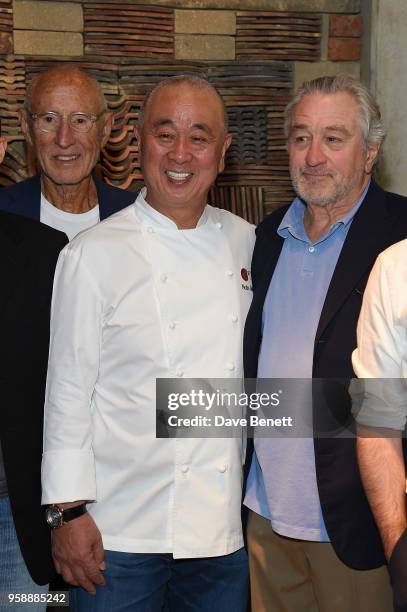 Meir Teper, Robert De Niro and Nobu Matsuhisa pose before the opening ceremony at the Nobu Hotel London Shoreditch official launch event on May 15,...