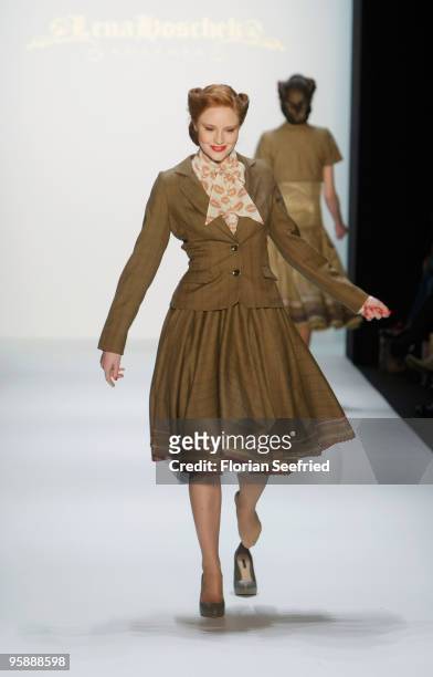 Barbara Meier looses her shoes on the runway at the Lena Hoschek Fashion Show during the Mercedes-Benz Fashion Week Berlin Autumn/Winter 2010 at the...