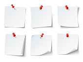 White paper notes on red thumbtack. Top view note sticker with pins vector set