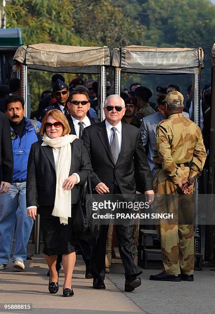Defense Secretary Robert Gates and his wife Becky arrive at the Taj Mahal in Agra on January 20, 2010. The Al-Qaeda network poses a serious threat to...
