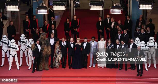Stormtroopers, US producer Simon Emanuel, Chewbacca, Finnish actor Joonas Suotamo, British actress Thandie Newton, US actor Woody Harrelson, US...