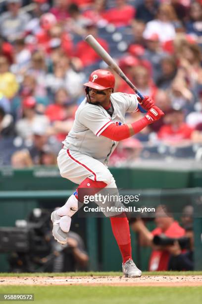 Carlos Santana of the Philadelphia Phillies prepares for a pitch during a baseball game against the Washington Nationals at Nationals Park on May 6,...