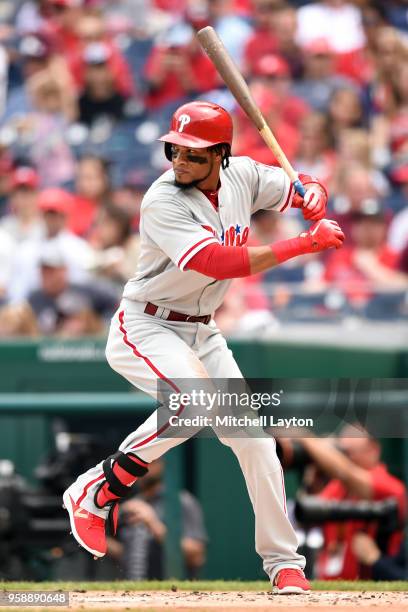 Pedro Florimon of the Philadelphia Phillies prepares for a pitch during a baseball game against the Washington Nationals at Nationals Park on May 6,...