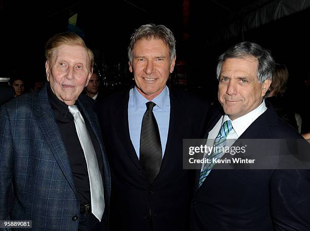 Viacom's Sumner Redstone, actor/executive producer Harrison Ford and CBS Corporation president and CEO Les Moonves arrive at the premiere of CBS...