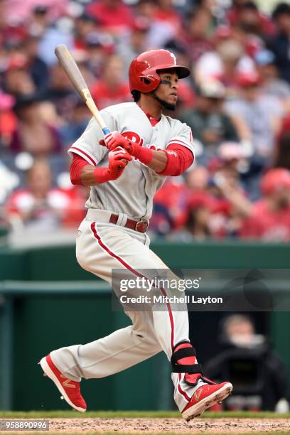 Pedro Florimon of the Philadelphia Phillies bats during a baseball game against the Washington Nationals at Nationals Park on May 6, 2018 in...