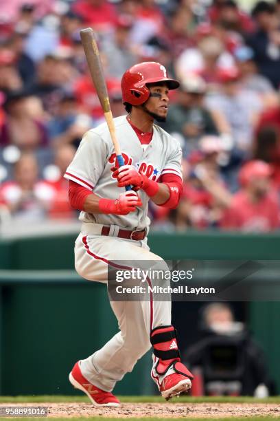 Pedro Florimon of the Philadelphia Phillies bats during a baseball game against the Washington Nationals at Nationals Park on May 6, 2018 in...