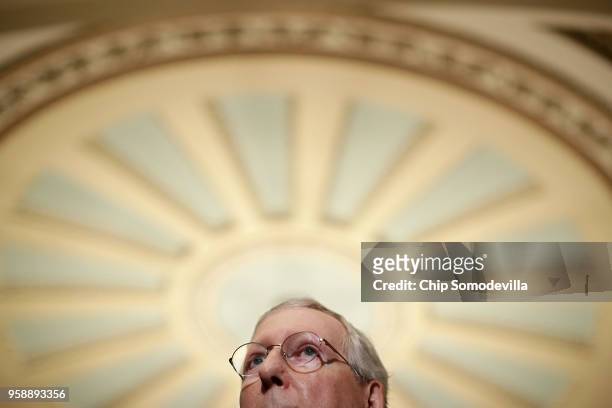 Senate Majority Leader Mitch McConnell talks to reporters following the weekly Senate Republican policy luncheon at the U.S. Capitol May 15, 2018 in...