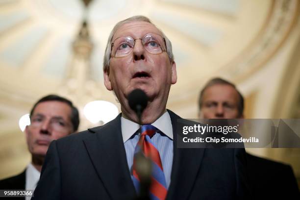 Senate Majority Leader Mitch McConnell talks to reporters following the weekly Senate Republican policy luncheon at the U.S. Capitol May 15, 2018 in...