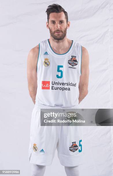 Rudy Fernandez, #5 of Real Madrid poses during the Real Madrid new players shirt for 2018 Euroleague Basketball Belgrade Final Four at Ciudad...