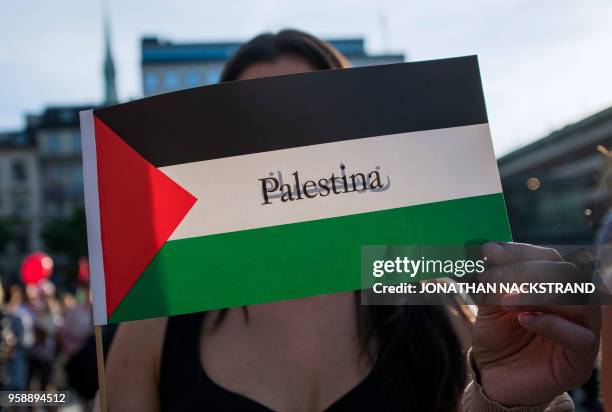 Pro-Palestinians demonstrate on May 15, 2018 in Stockholm to mark the Nakba Day, an annual event which commemorates the displacement of Palestinians...