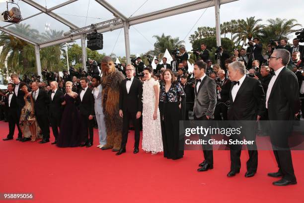 Producer Simon Emanuel, actor Joonas Suotamo, actress Thandie Newton, actor Woody Harrelson, director Ron Howard, actress Emilia Clarke, actors Alden...