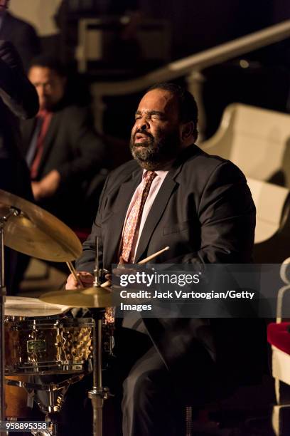 American Jazz drummer George Coleman, Jr performs at the 'Jazz Legends for Disability Pride' Benefit Concert at The Quaker Friends Meeting Hall, New...