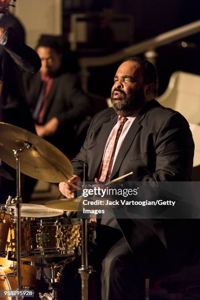 American Jazz drummer George Coleman, Jr performs at the 'Jazz Legends for Disability Pride' Benefit Concert at The Quaker Friends Meeting Hall, New...