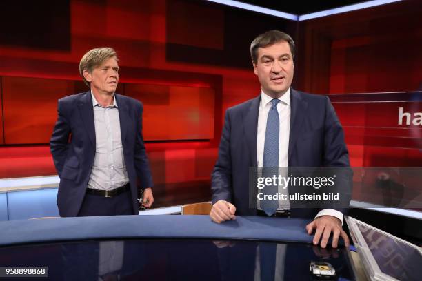 Hajo Schumacher mit Markus Söder in der ARD-Talkshow hart aber fair am in Berlin Thema der Sendung: K. O. Oder mit letzter Kraft - Was bringt die...