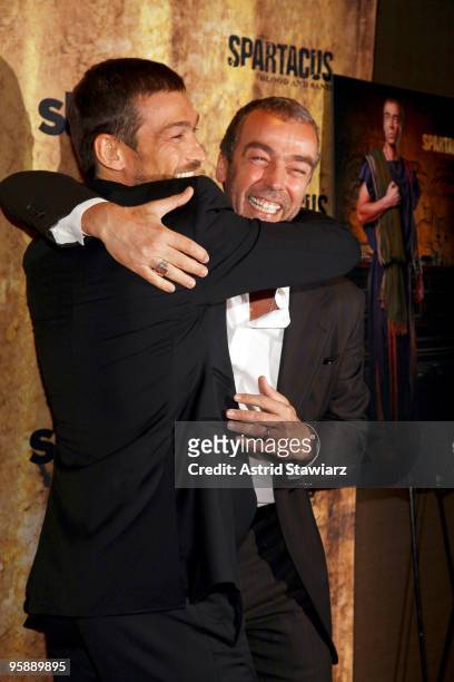 Actors Andy Whitfield and John Hannah attend the premiere of "Spartacus: Blood and Sand" at the Tribeca Grand Screening Room on January 19, 2010 in...