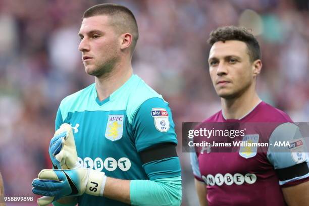 Sam Johnstone of Aston Villa wearing a black armband in tribute to Jlloyd Samuel during the Sky Bet Championship Play Off Semi Final:Second Leg match...