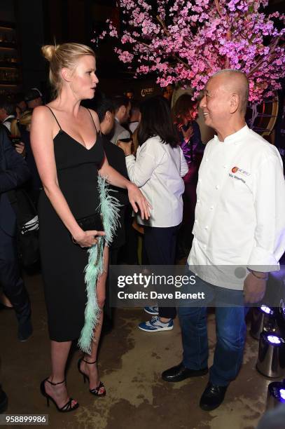 Lara Stone is greeted by Nobu Matsuhisa at the Nobu Hotel London Shoreditch official launch event on May 15, 2018 in London, United Kingdom.