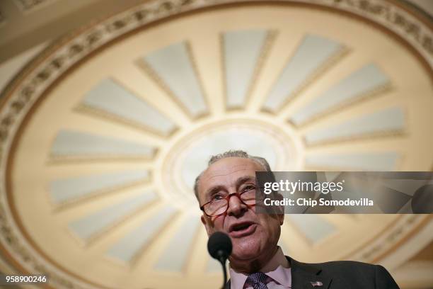 Senate Minority Leader Charles Schumer talks with reporters following the weekly Senate Democratic policy luncheon at the U.S. Capitol May 15, 2018...