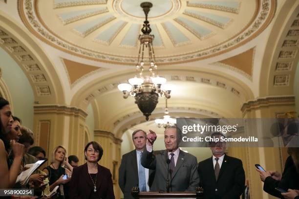 Senate Minority Leader Charles Schumer calls on reporters following the weekly Senate Democratic policy luncheon with Sen. Amy Klbuchar , Sen. Jeff...