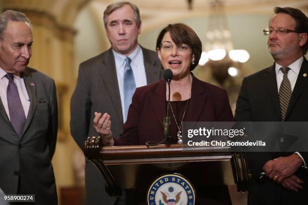 Sen. Amy Klbuchar talks to reporters following the weekly Senate Democratic policy luncheon with Senate Minority Leader Charles Schumer , Sen. Jeff...