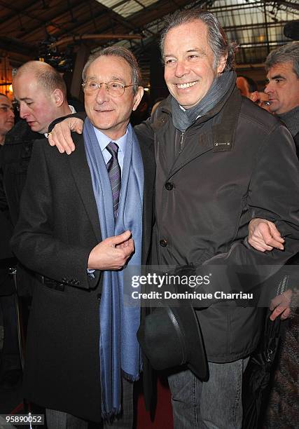 Mayor of Paris bertrand Delanoe and Actor Michel Leeb attend The "Pieces Jaunes" train Exibition Launch at Gare du Nord on January 20, 2010 in Paris,...