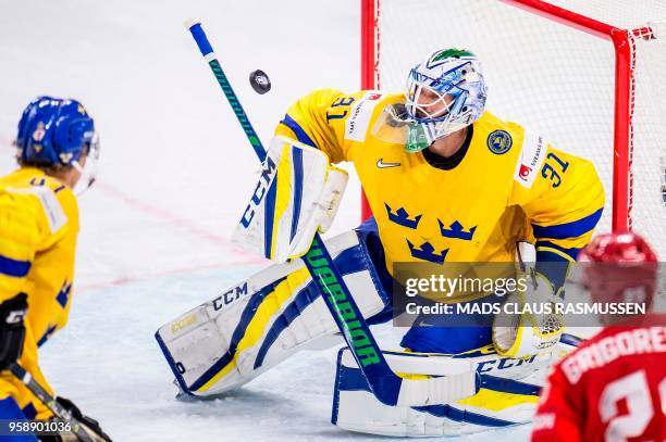 Sweden's goalkeeper Anders Nilsson during the group A match Russia v Sweden of the 2018 IIHF Ice Hockey World Championship at the Royal Arena in...