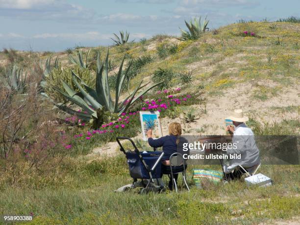 Spanien, Oliva, südlich von Valencia, , Landschaftsmaler vor Agaven und blühenden Mittagsblumen