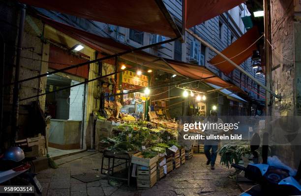 Italien, Sizilien, Palermo, , Gasse im Stadtzentrum mit Obst-und Gemüsegeschäft nähe Piazza S. Domenico