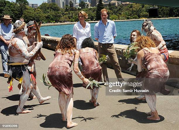 Prince William and New South Wales Premier Kristina Keneally are greeting by Aboriginal dancers as the arrive for a BBQ in the Botanical Gardens on...