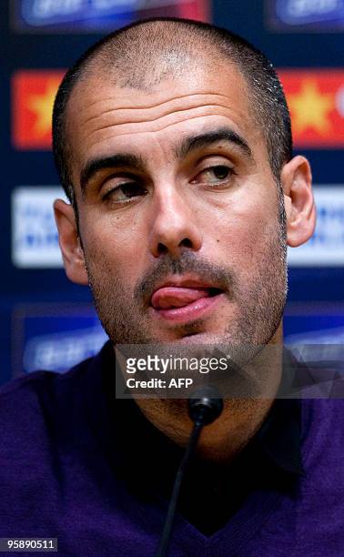 Barcelona's coach Pep Guardiola gestures during a press conference at the Camp Nou Stadium in Barcelona, on January 20, 2010. Barcelona coach Pep...