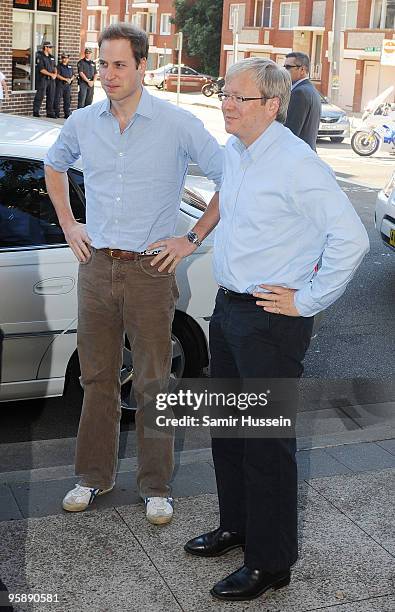 Australian Prime Minister Kevin Rudd and Prince William arrive to meet members of the Ted Noffs Foundation at a Randwick community centre on the...