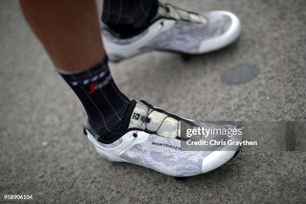 Detail view of the shoes worn by Peter Stetina of The United States and Team Trek Segafredo during stage three of the 13th Amgen Tour of California,...