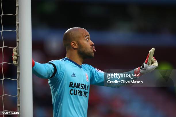 Darren Randolph of Middlesbrough gives instruction to his team during the Sky Bet Championship Play Off Semi Final second leg match between Aston...